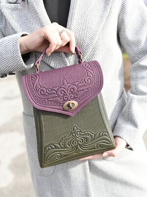 FAЇNA Orchidea - Handcrafted Embossed Genuine Leather Backpack / Handbag / Crossbody Purse