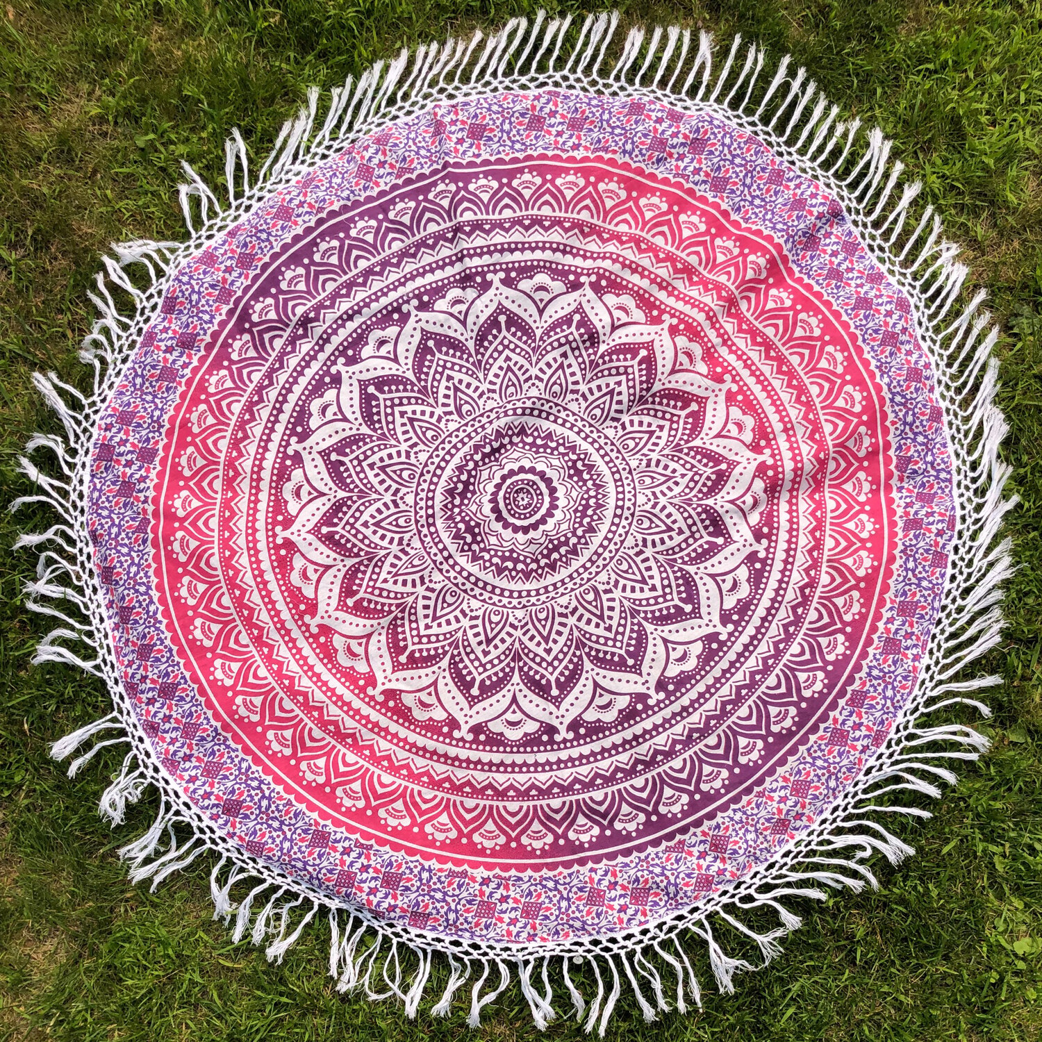 Pink Purple And White Mandala Tapestry with Long Fringe