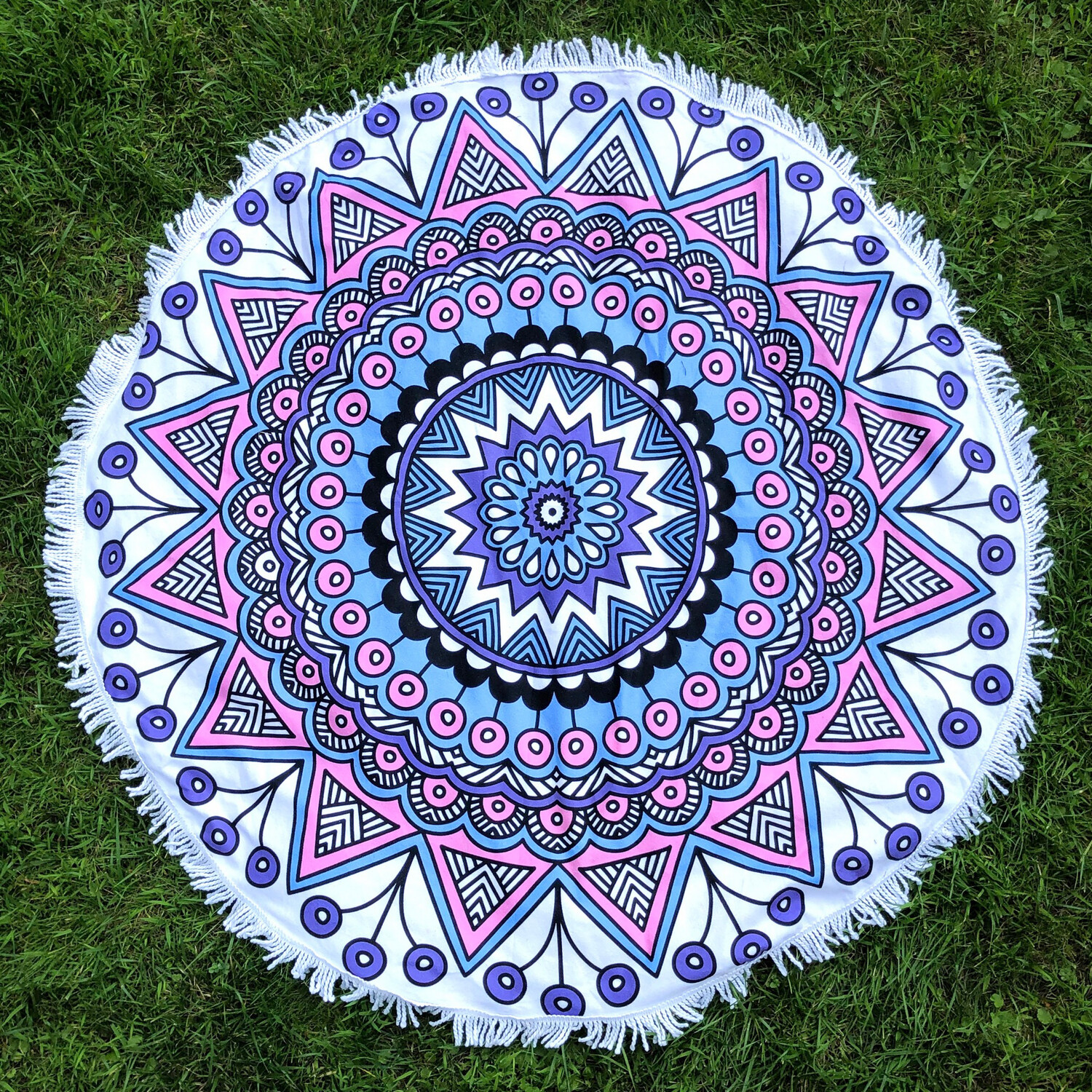 Large Round Printed Beach Towel with Pastel Mandala Pattern
