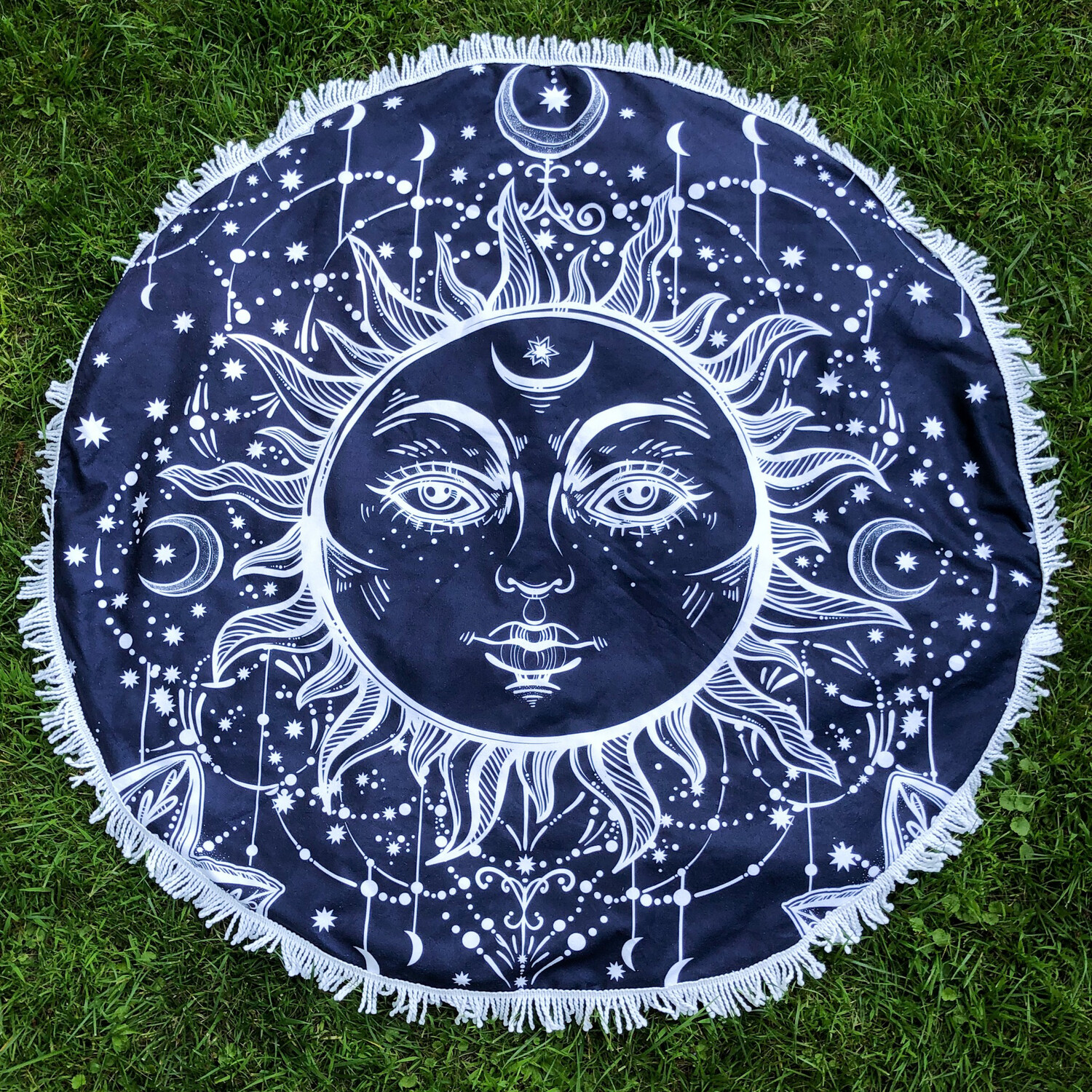 Large Round Printed Beach Towel Blanket: Blue and White Sun With Face