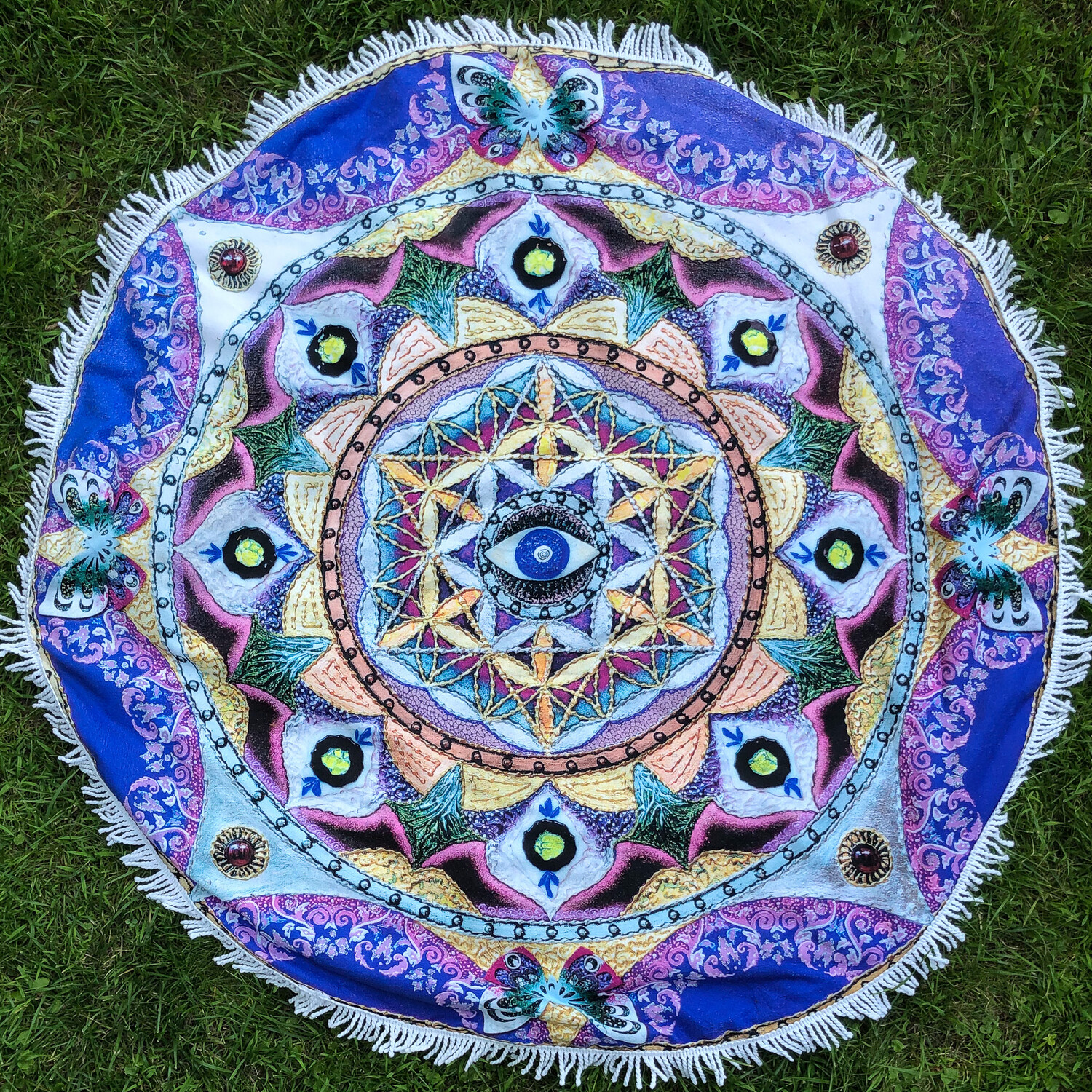  Large Round Psychedelic Beach Towel with Flower Of Life and Eye Design 