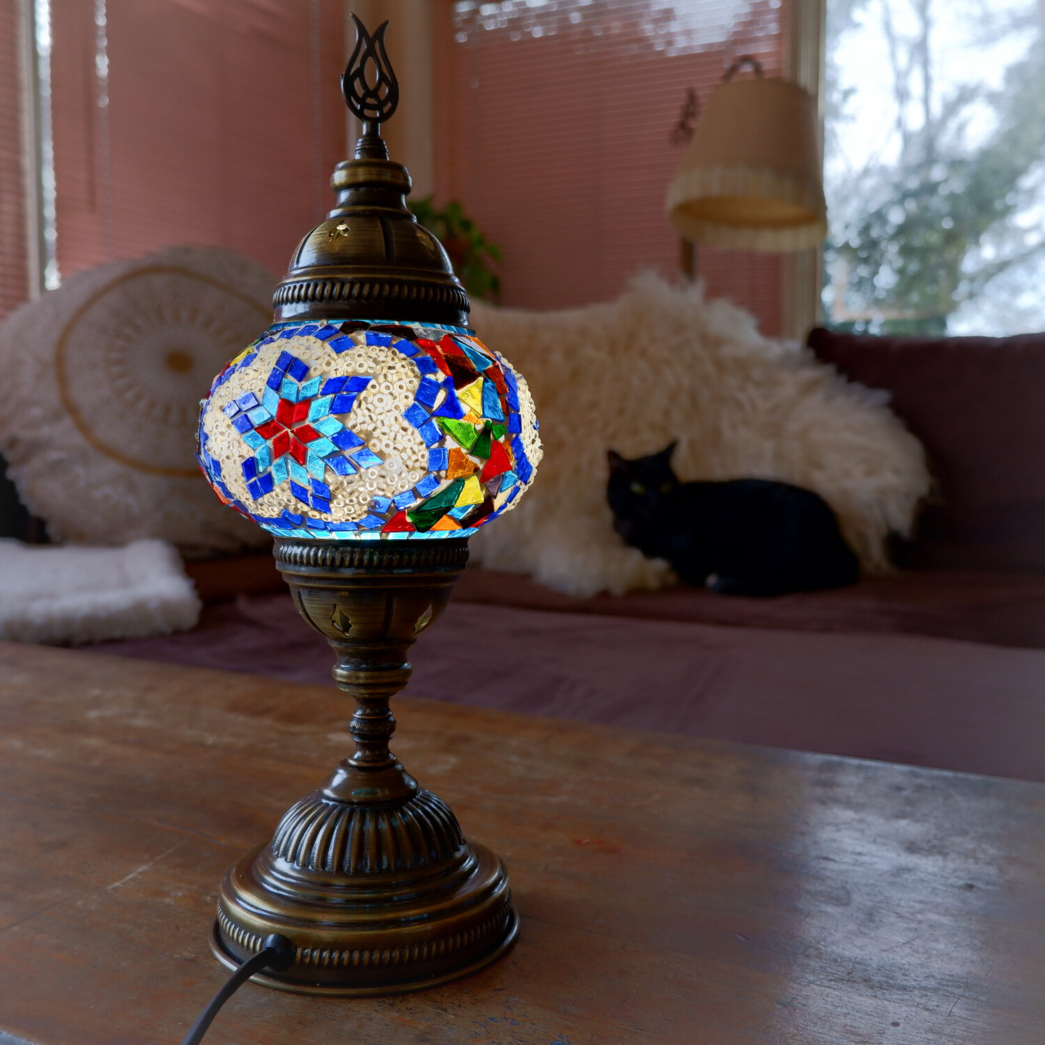 Turkish Lamp with Hand-Made Glass Mosaic Shade: Multicolored Flower Pattern