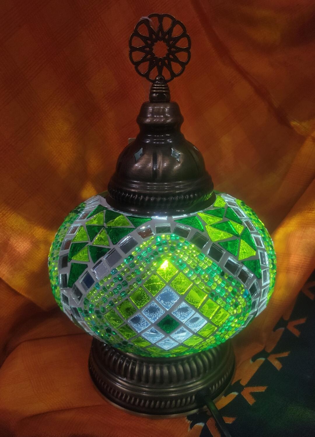 Turkish Lamp Large Globe: Green & yellow Diamond Pattern