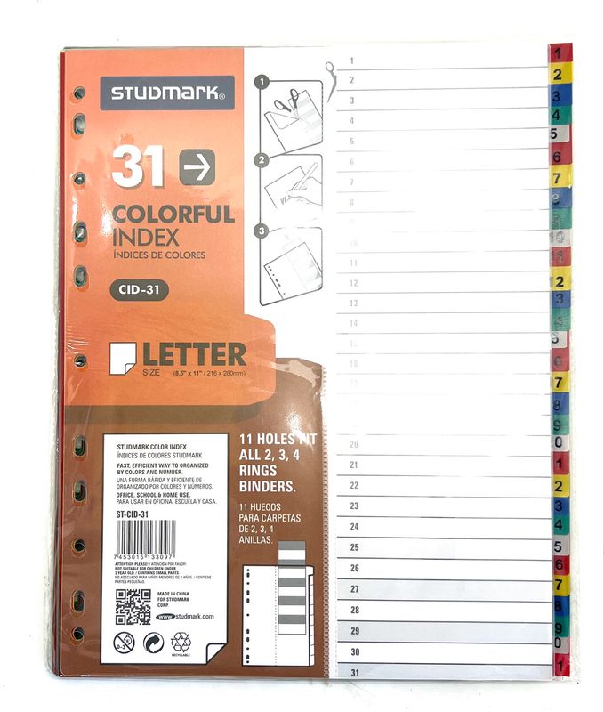 Separadores 1-31 Pestanas Carta Plastico Separadores 1-31 Pestanas Carta Plastico