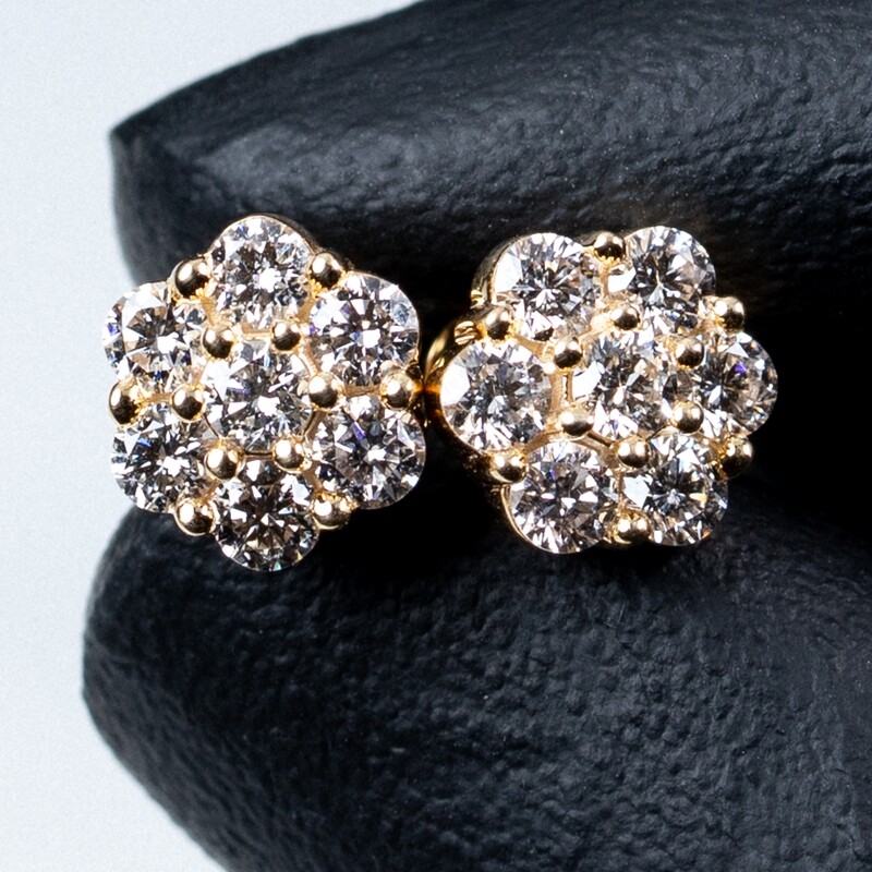 14K Yellow Gold Flower Cluster 1.33Ct diamond  Earrings