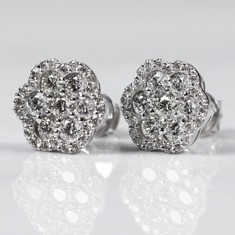 14K White Gold Flower Cluster 0.76 Diamond Earrings