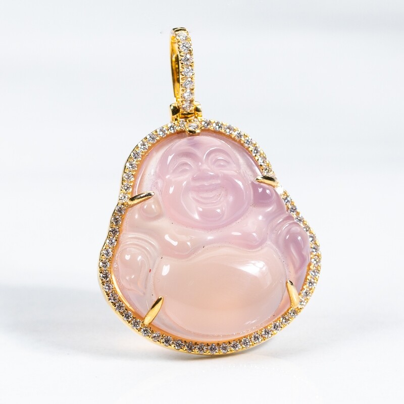 Pink Jade 10K Yellow Gold 1.2Ct Diamond Buddha Pendant
