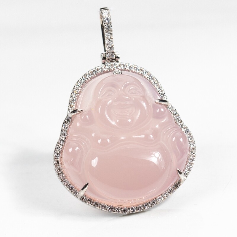 Pink Jade 10K White Gold 1.2Ct Diamond Buddha Pendant