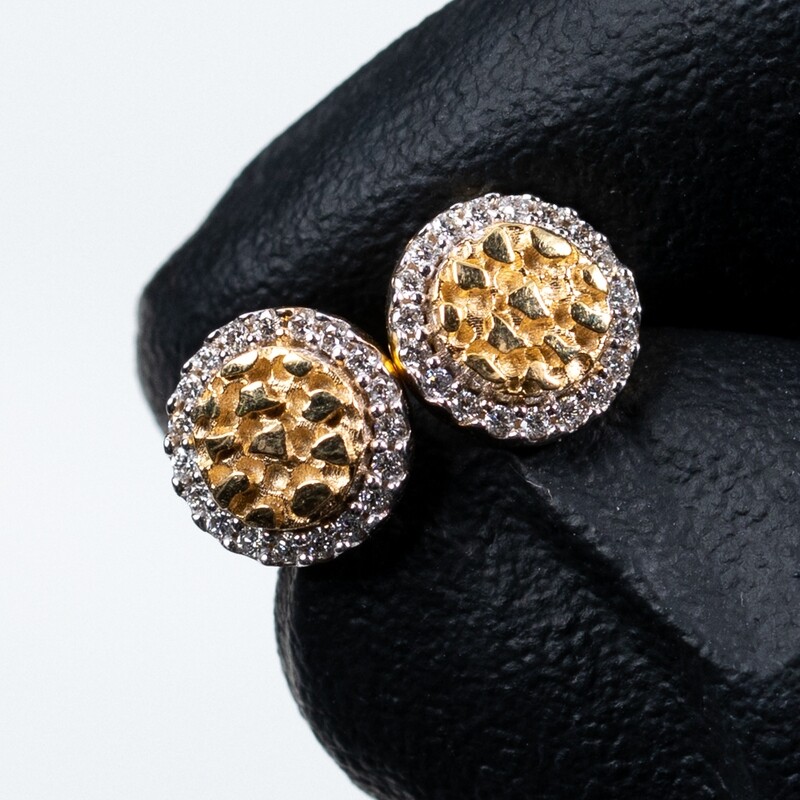 Two Tone 14K Gold Round 0.20Ct Diamond Nugget Earrings