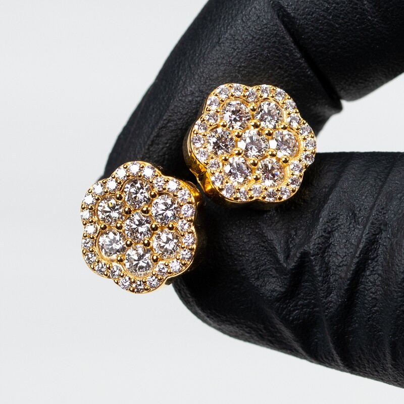 Big 2Ct Diamond 14K Yellow Gold Flower Cluster Earrings