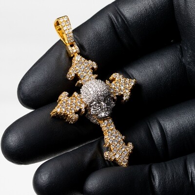 Iced 14K Yellow Gold 4.10Ct Skull Cross Pendant