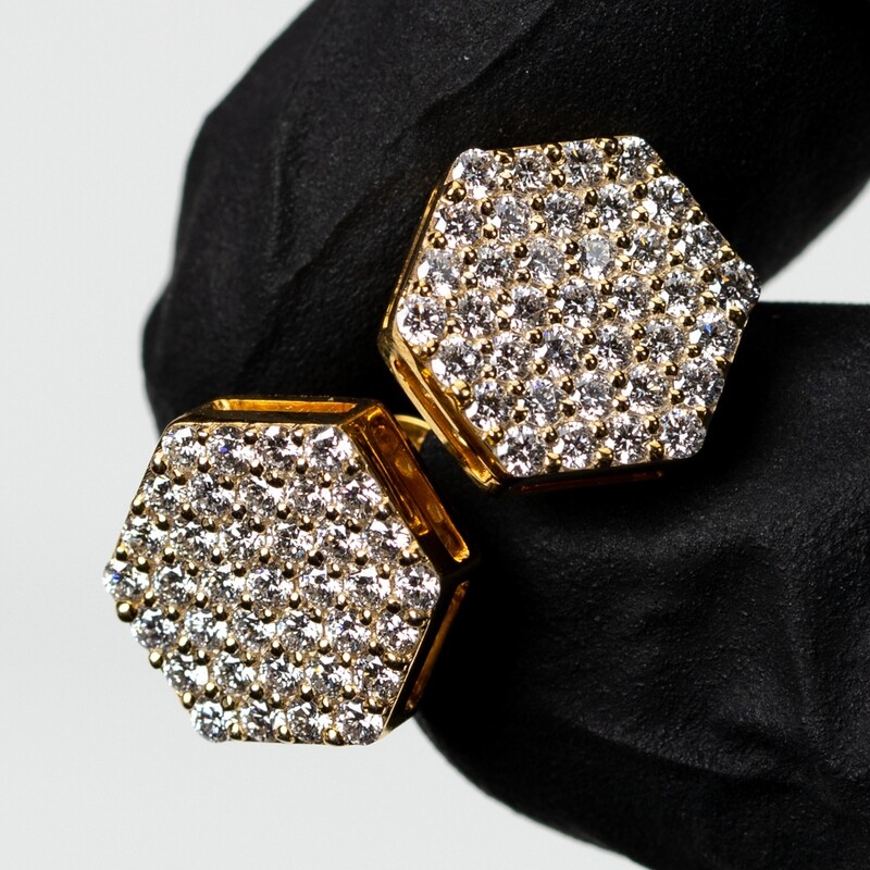 Hexagon Shaped 14K Yellow Gold Octagon 1.33 Ct Diamond Stud Earrings
