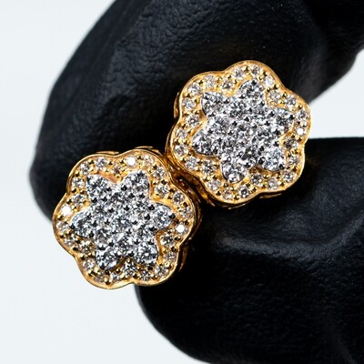 Two Tone 14K Yellow Gold Flower Cluster 0.86 Ct Diamond Stud Earrings