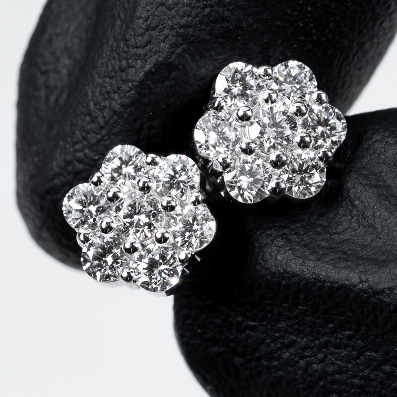 Flower Cluster 14K White Gold 0.97Ct Diamond Stud Earrings