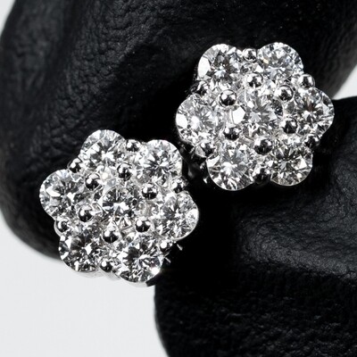 14K White Gold 1.35Ct Diamond Flower Cluster Earrings