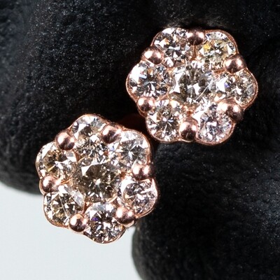 Solid 10k Rose Gold Unisex Round 0.38Ct Diamond Cluster Stud Earrings