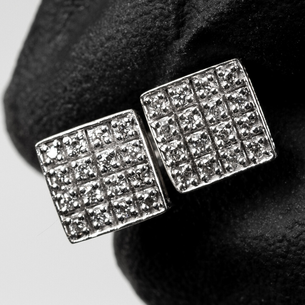 Square 10K White Gold 0.16Ct Natural Diamond Stud Screw Back Earrings