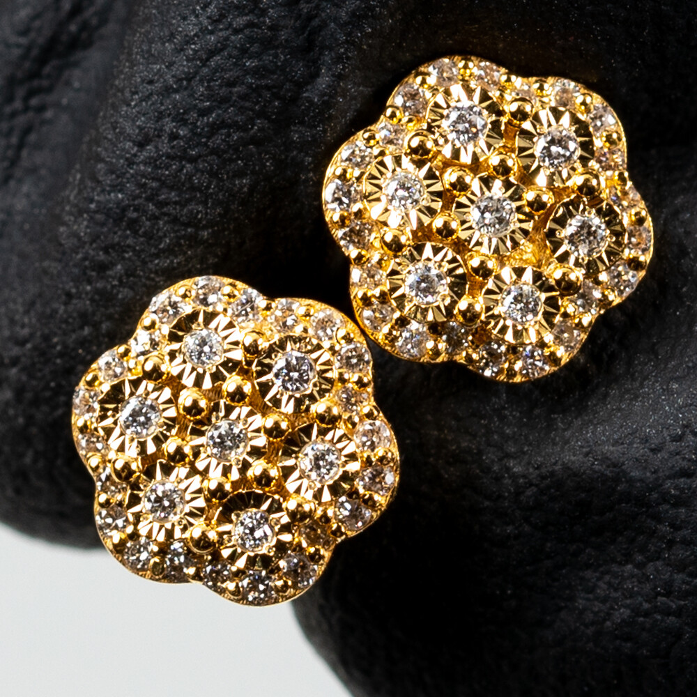Miracle Set Flower Cluster 10K Yellow Gold 0.24 Ct Natural Diamond Stud Screw Back Earrings