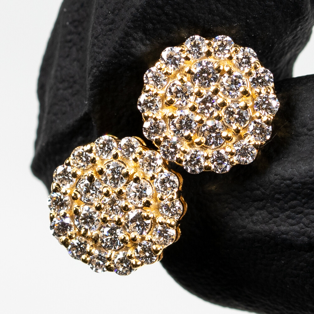Round Shape Flower Cluster Circle 14K Yellow Gold 1.05Ct Diamond Screw Back Stud Earrings