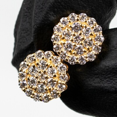 Round Shape Flower Cluster Circle 14K Yellow Gold 1.05Ct Diamond Screw Back Stud Earrings