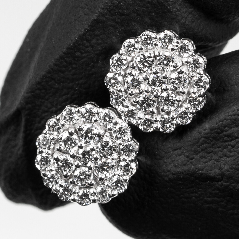 Round Shape Flower Cluster Circle 14K White Gold 1.05Ct Diamond Screw Back Stud Earrings