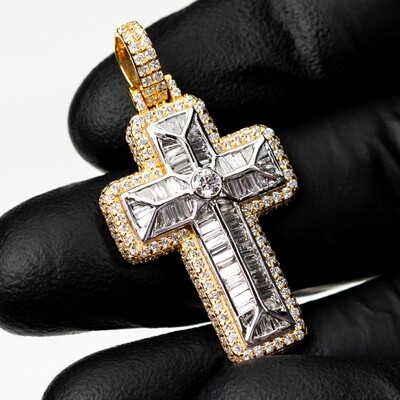 Two Tone Fully Iced 4Ct 14K Yellow Gold Baguette Cross Pendant