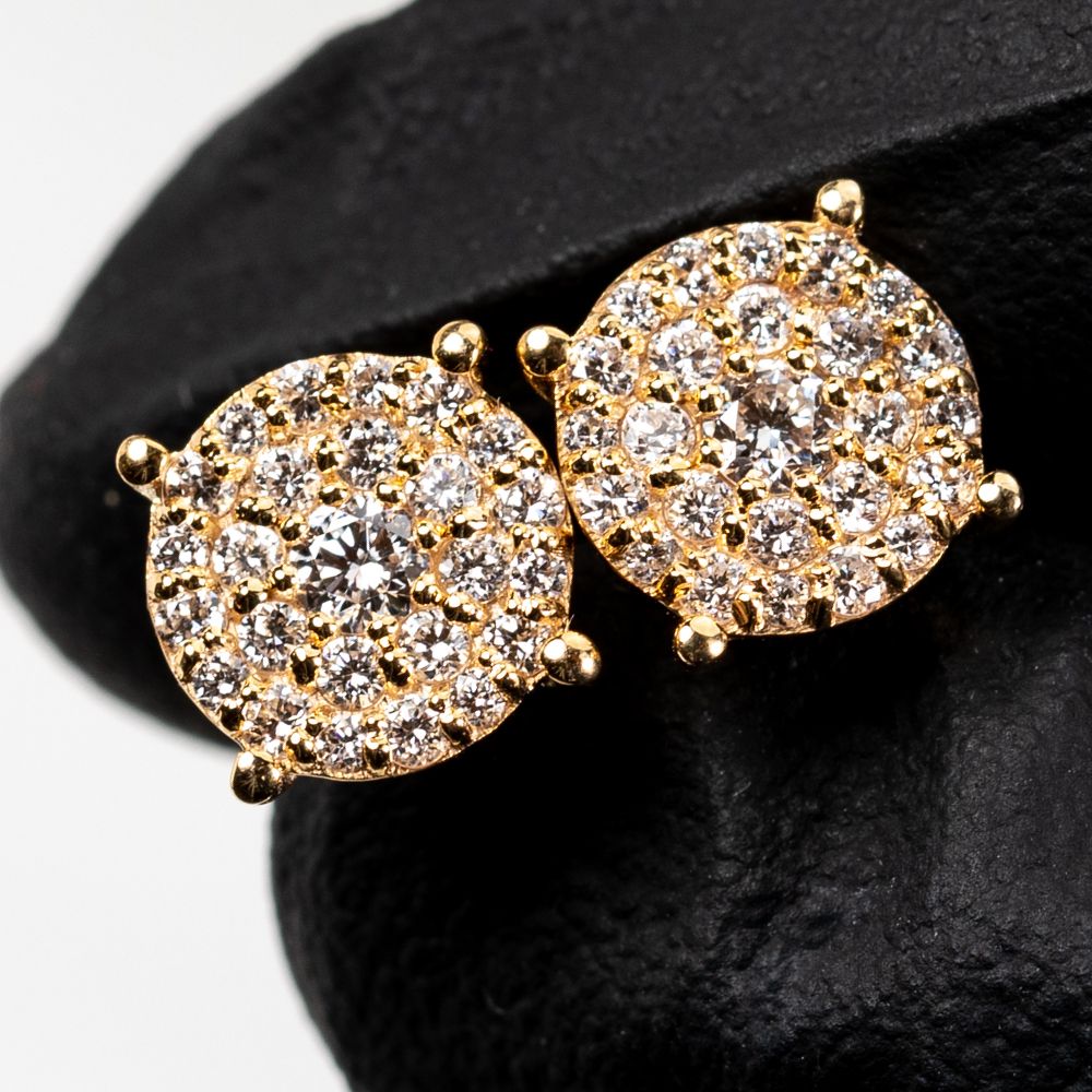 Round 14K Yellow Gold 0.51Ct Circle Diamond Cluster Stud Screw Back Earrings