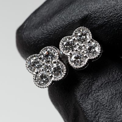 Small Clover Shape Flower Cluster 14K White Gold VVS 0.61 Ct Diamond Earrings