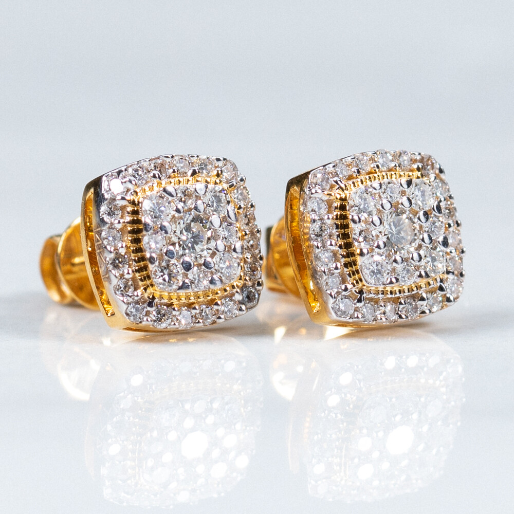 Two Tone 10K Gold Square 0.48 Ct Diamond Stud Earrings