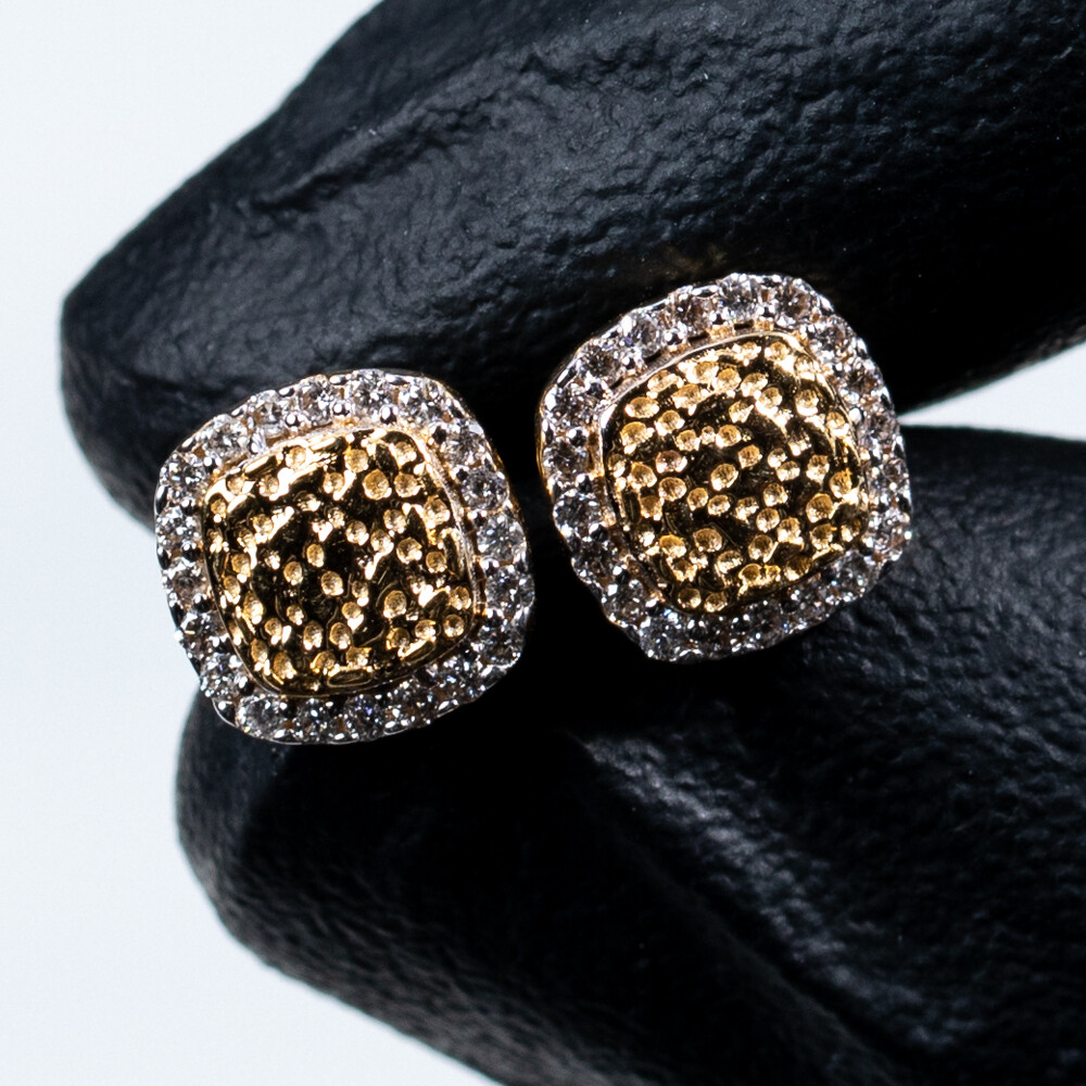 Two Tone 10K Gold Square 0.20Ct Diamond Nugget Earrings
