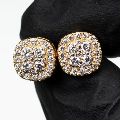 Small Rounded Square Shape Flower Cluster 10K Yellow Gold VVS 0.58Ct Diamond Stud Earrings