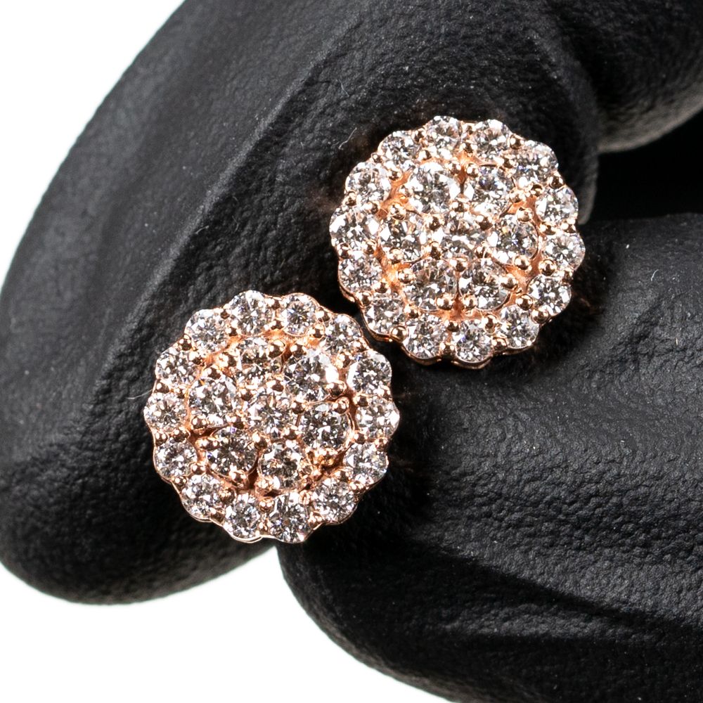 Round Shape Flower Cluster Circle 10K Rose Gold 1.05Ct Diamond Screw Back Stud Earrings