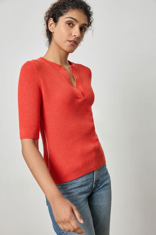 Lilla P Elbow Sleeve Split Neck Sweater