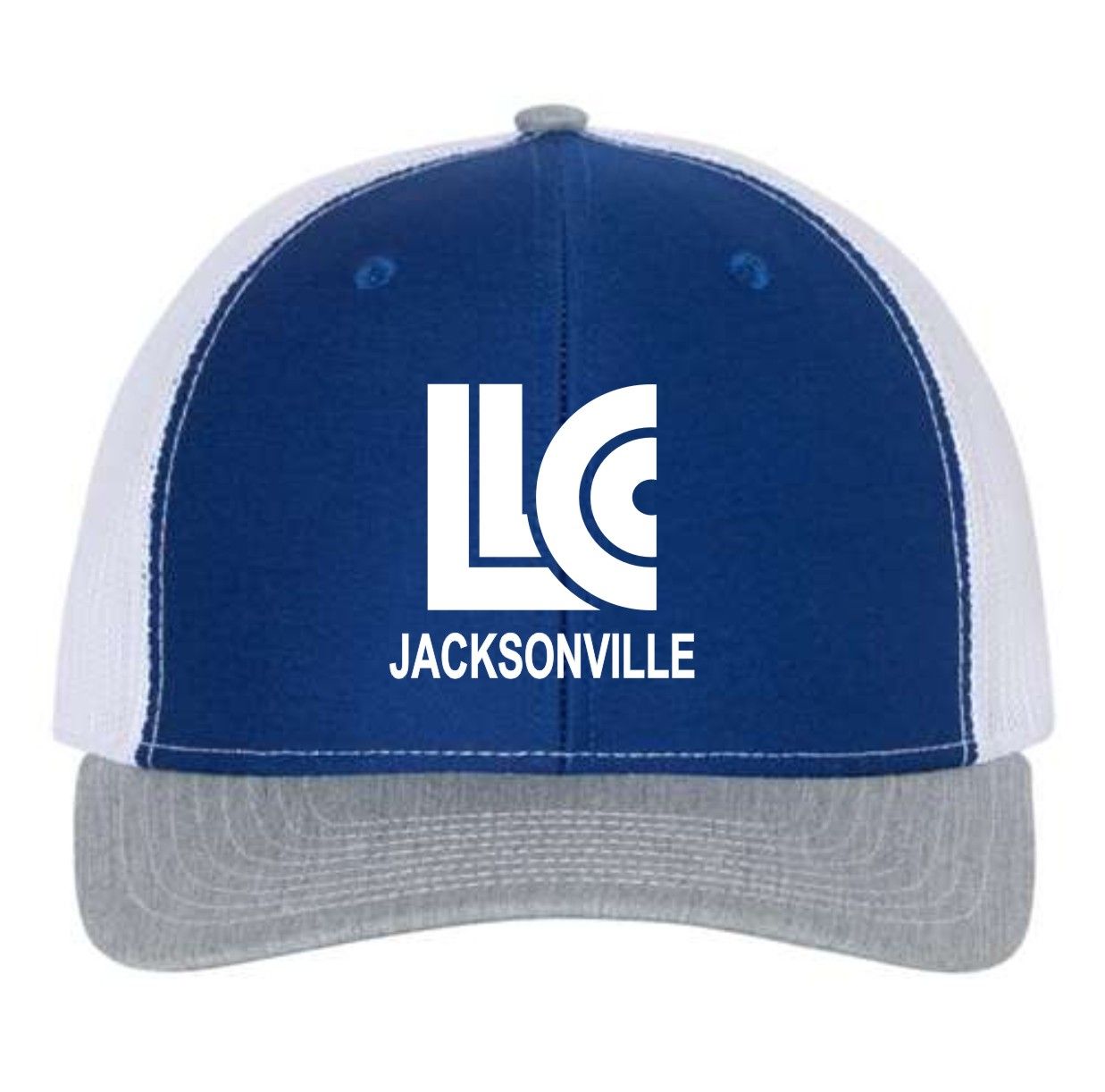 LLC-112 ROYAL-WHITE-HEATHER GREY / WHITE LLC LOGO TRUCKER HAT / EMBROIDERED