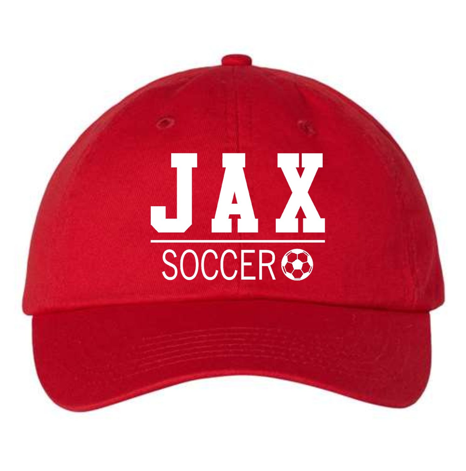 JAX SOCCER-VC300A RED UNSTRUCTURED HAT  (EMBROIDERED)