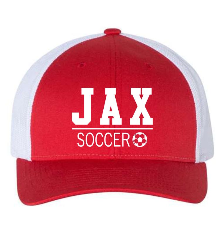 JAX SOCCER-115 RED LOW PROFILE TRUCKER CAP (EMBROIDERED)