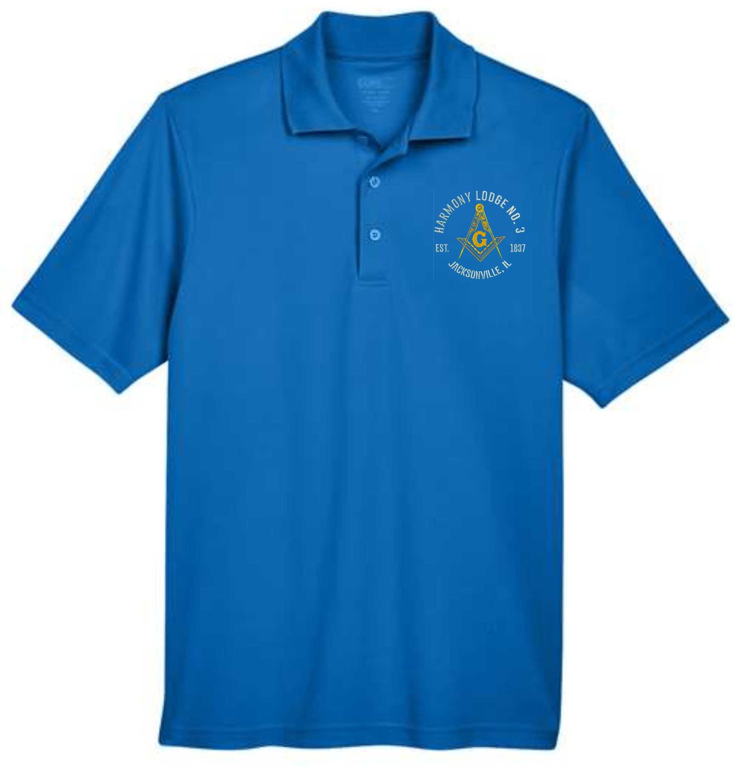 HARMONY LODGE-88181 ROYAL BLUE PERFORMANCE POLO (FRONT &amp; BACK PRINT) EMBROIDERED