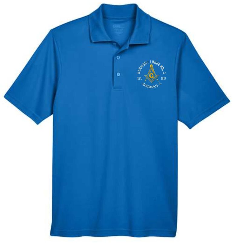 HARMONY LODGE-88181 ROYAL BLUE PERFORMANCE POLO (FRONT &amp; BACK PRINT) EMBROIDERED