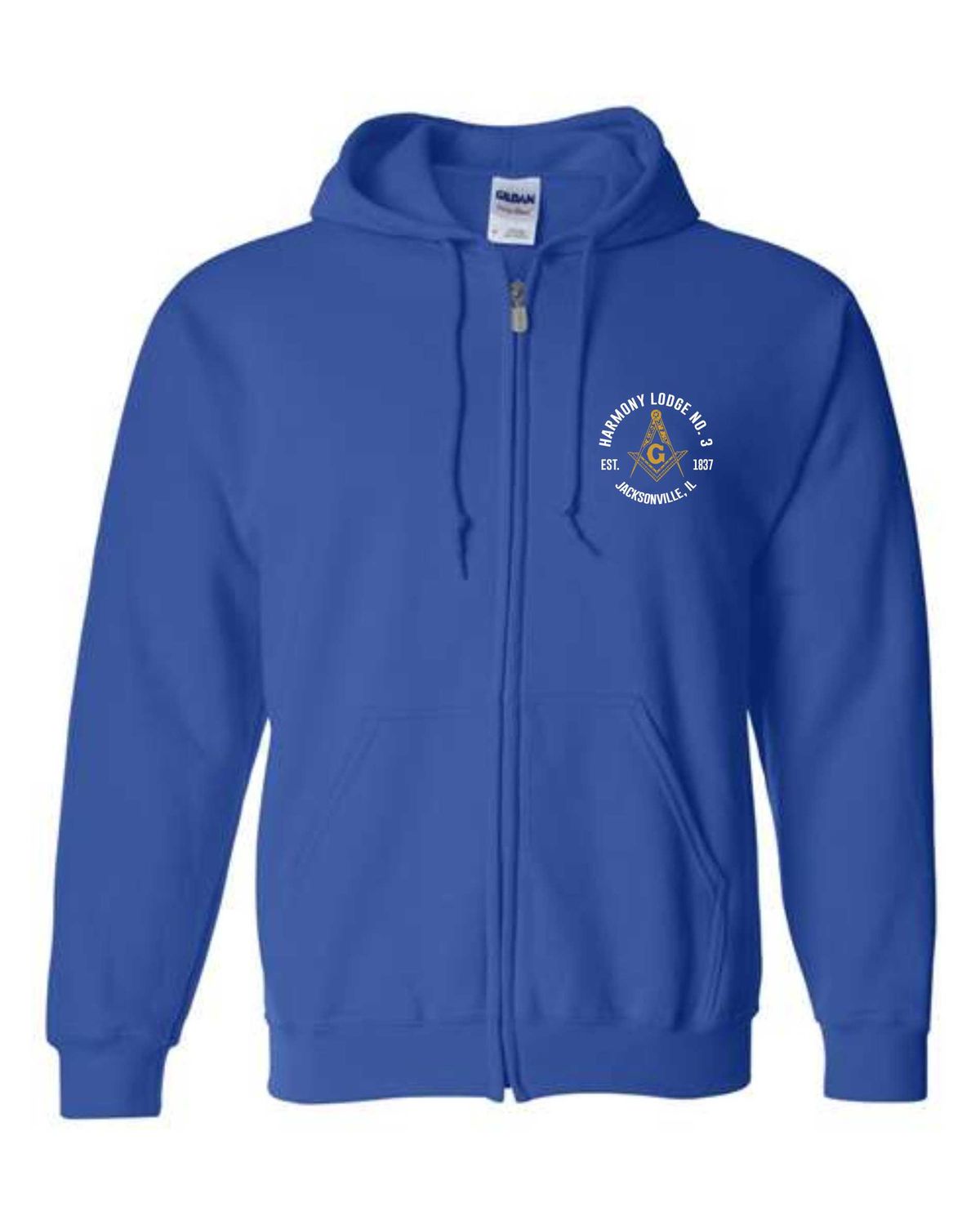 HARMONY LODGE-18600 ROYAL BLUE FULL-ZIP HOODIE (FRONT &amp; BACK PRINT) SCREEN PRINTED