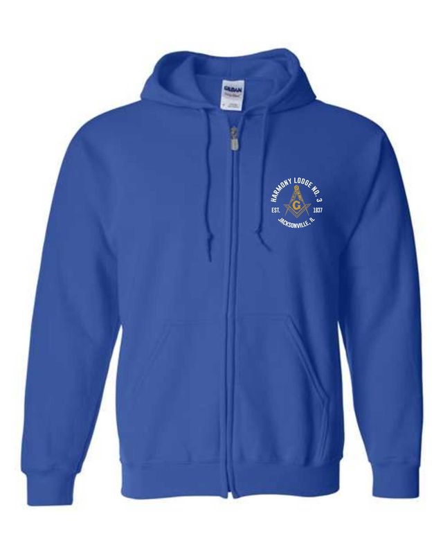 HARMONY LODGE-18600 ROYAL BLUE FULL-ZIP HOODIE (FRONT &amp; BACK PRINT) SCREEN PRINTED
