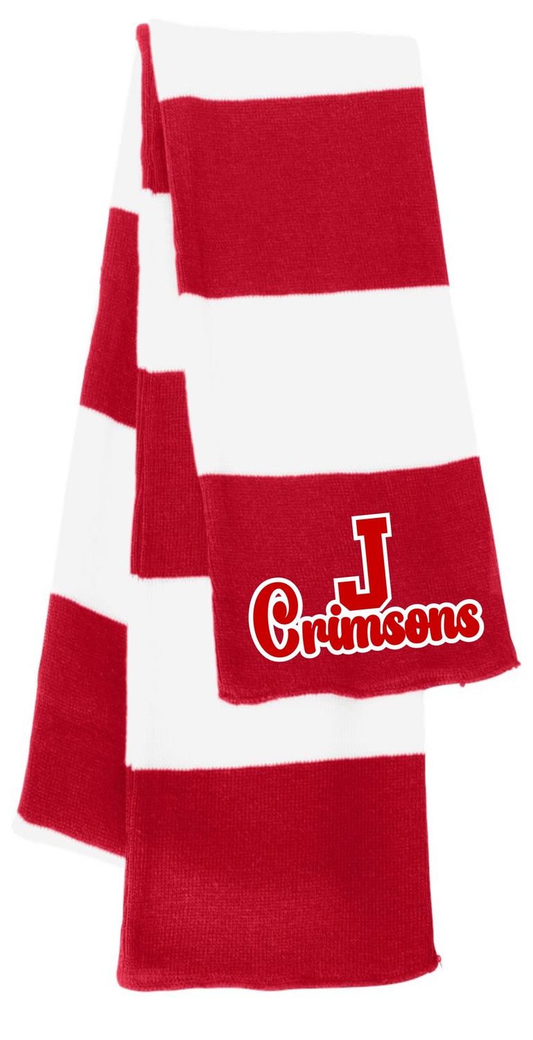 CRIMSON CORNER-SP02 SPORTSMAN RED-WHITE RUGBY-STRIPED KNIT SCARF (EMBROIDERED)