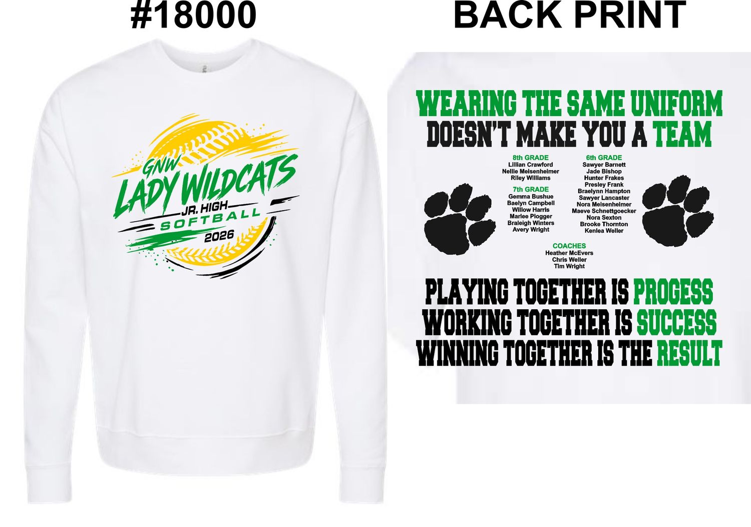 GNW LADY WILDCATS SOFTBALL-18000 WHITE CREWNECK SWEATSHIRT