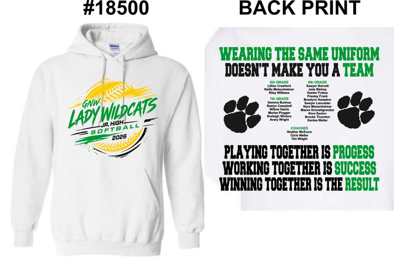 GNW LADY WILDCATS SOFTBALL-18500 WHITE PULLOVER HOODIE