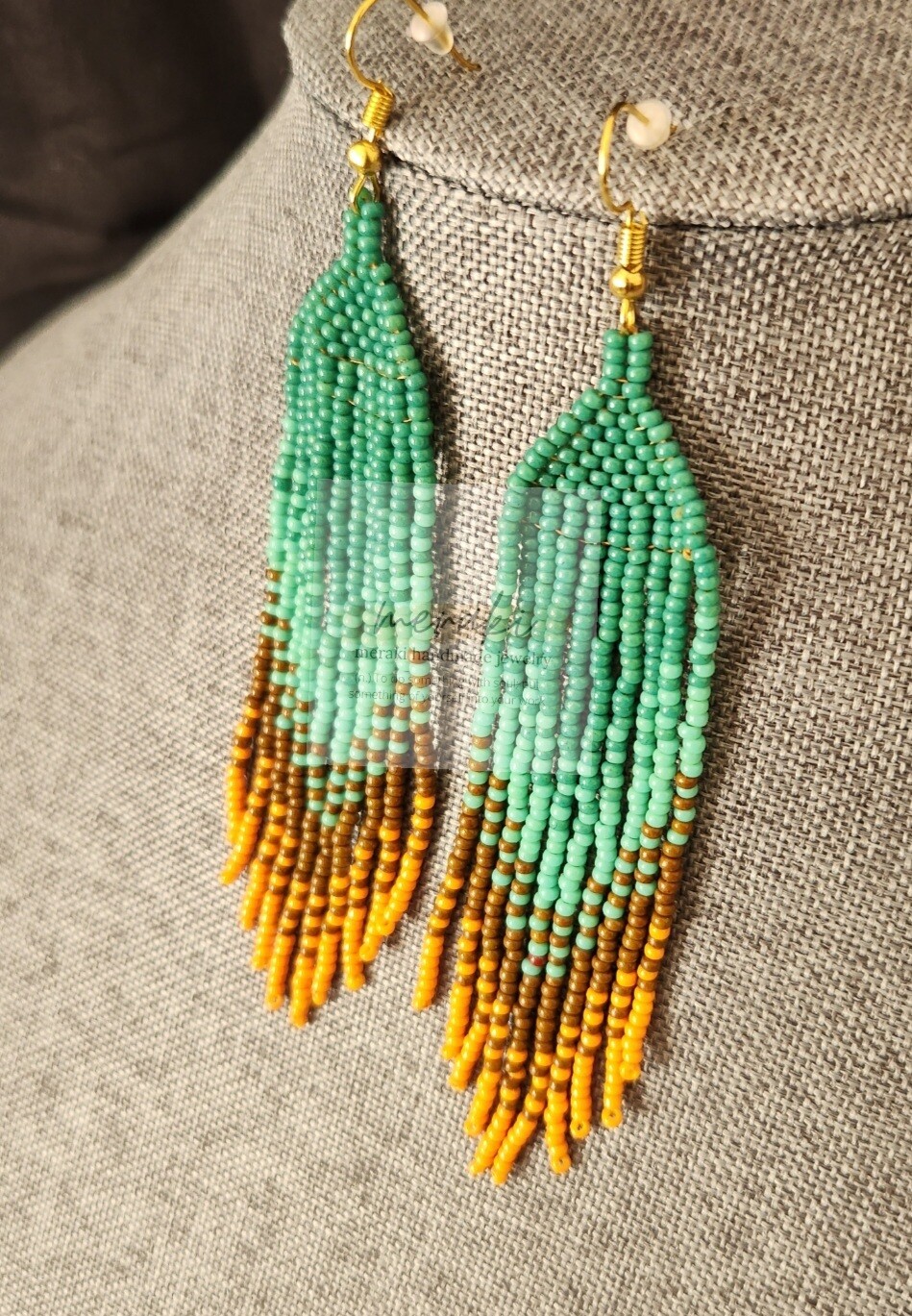 Hunter Green, Light Green, Tan and Orange Ombre Earrings