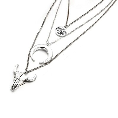 Silver Eye Moon Bull Head Multi Layer Necklace
