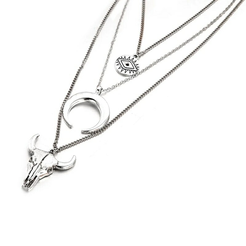 Silver Eye Moon Bull Head Multi Layer Necklace