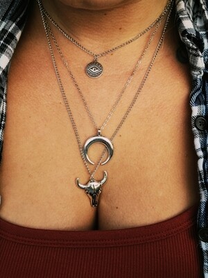 Silver Eye Moon Bull Head Multi Layer Necklace