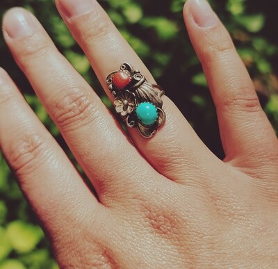 Old Pawn Navajo Floral Coral Ring