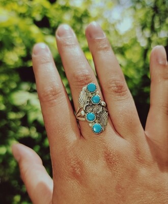 Old Pawn Floral Navajo Turquoise Ring
