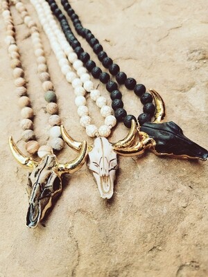 Long Beaded Cow Skull Necklace
